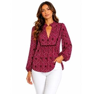 Umgee‎ Pink Geometric Boho Blouse Metallic Thread V Neck Peasant Top Medium